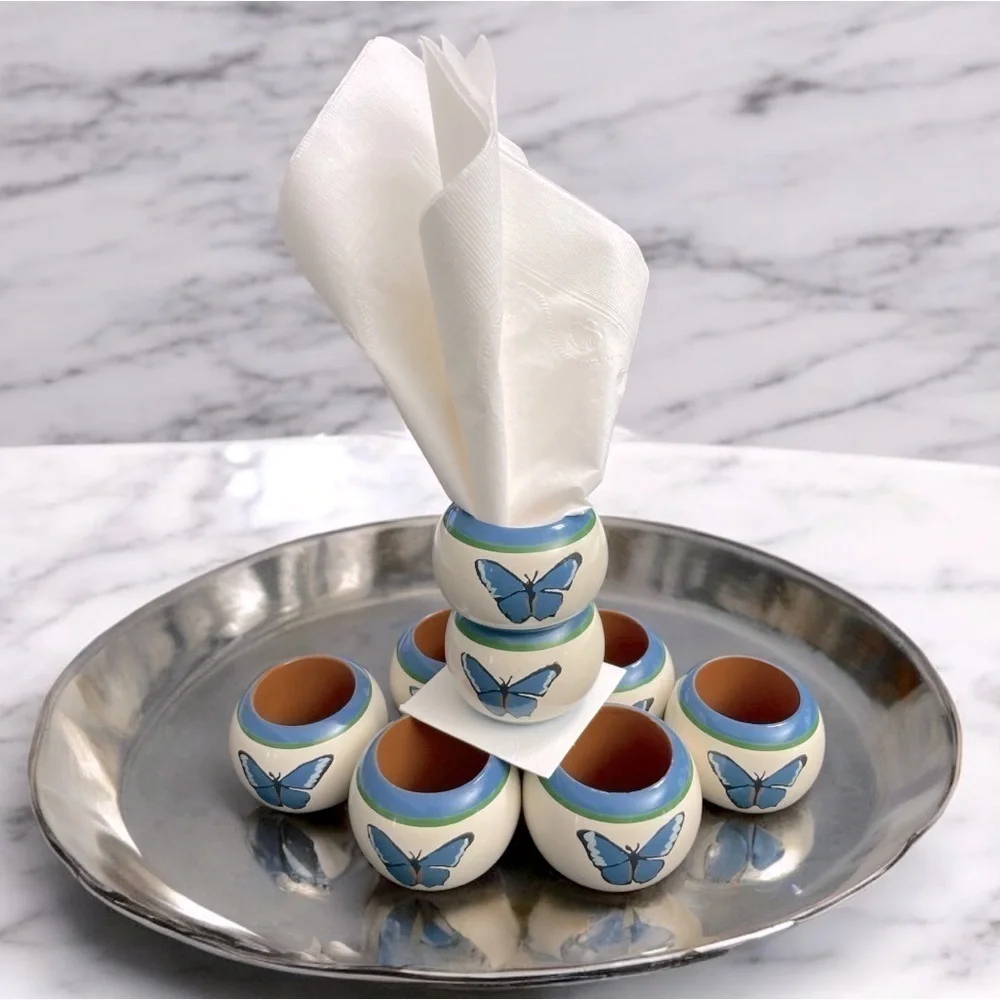 Pimpernel Napkins & Rings Butterfly Design ONE SET of 8. Hand painted wooden